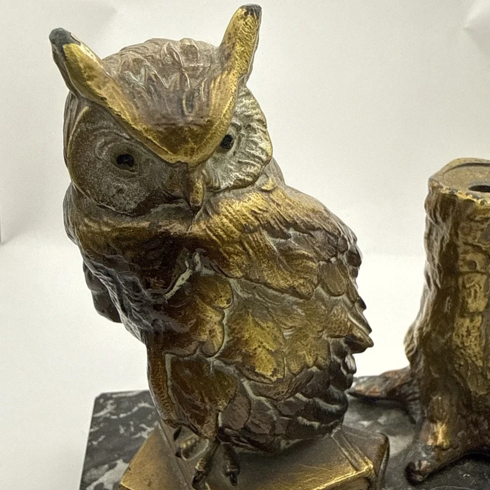 Antique Vienna Cold Painted Bronze Marble Owl Table Lighter Bergman Style
